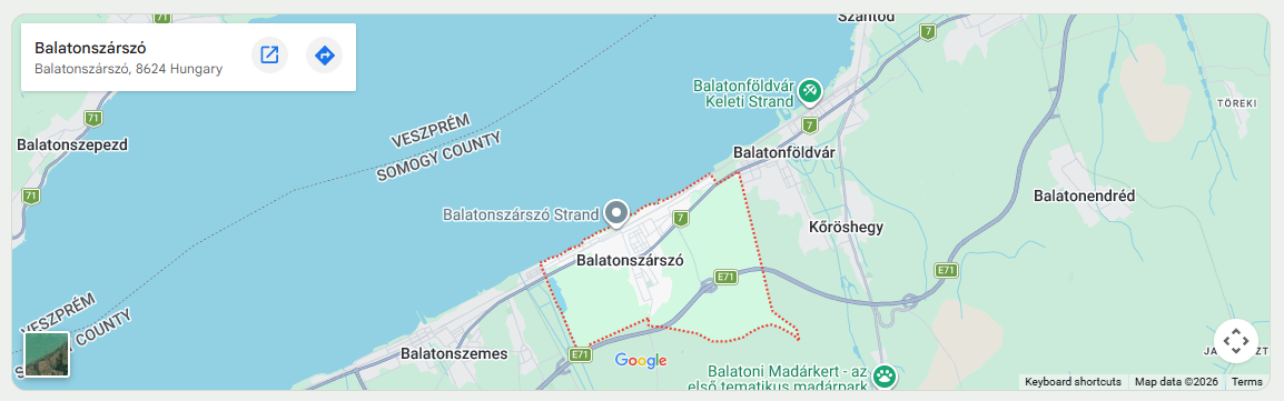 Google map showing Balatonszárszó on the southern shore of Lake Balaton